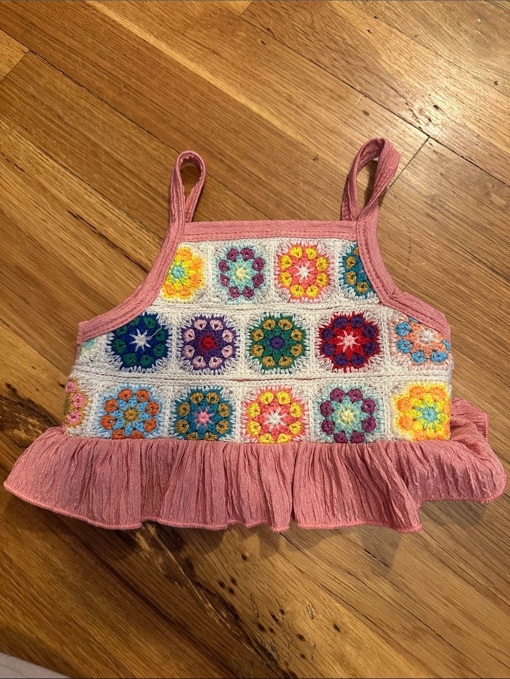 Girls Pink Crochet-Style Tank Top with Multicolor Floral Squares